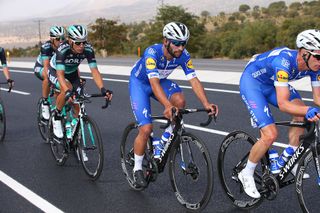 Iljo Keisse leads Fernando Gaviria during stage 1 in Turkey