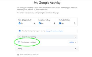 How to delete Google Search history - 'My Google Activity' with 'Filter by date & product' highlighted.