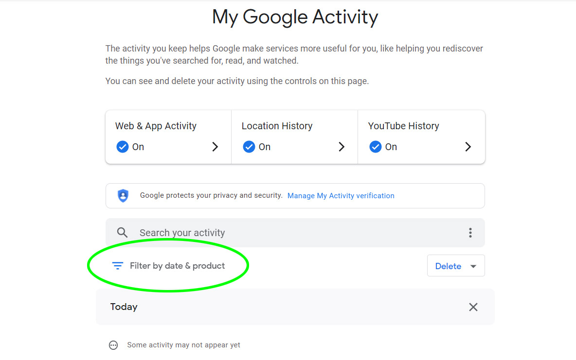 How to delete Google Search history - 'My Google Activity' with 'Filter by date & product' highlighted.
