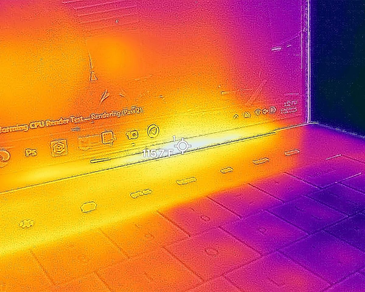 Pictures taken with a thermal camera of the Dell 16 Premium showing that the area above the keyboard peaks at 115 degrees F.