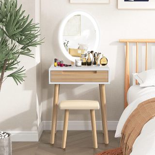 Yourlite Makeup Vanity Dressing Table Mirror Cosmetic Vanity Dressing Cabinet With Stool Dresser With Led Mirror, Wood Color, 1 Drawer