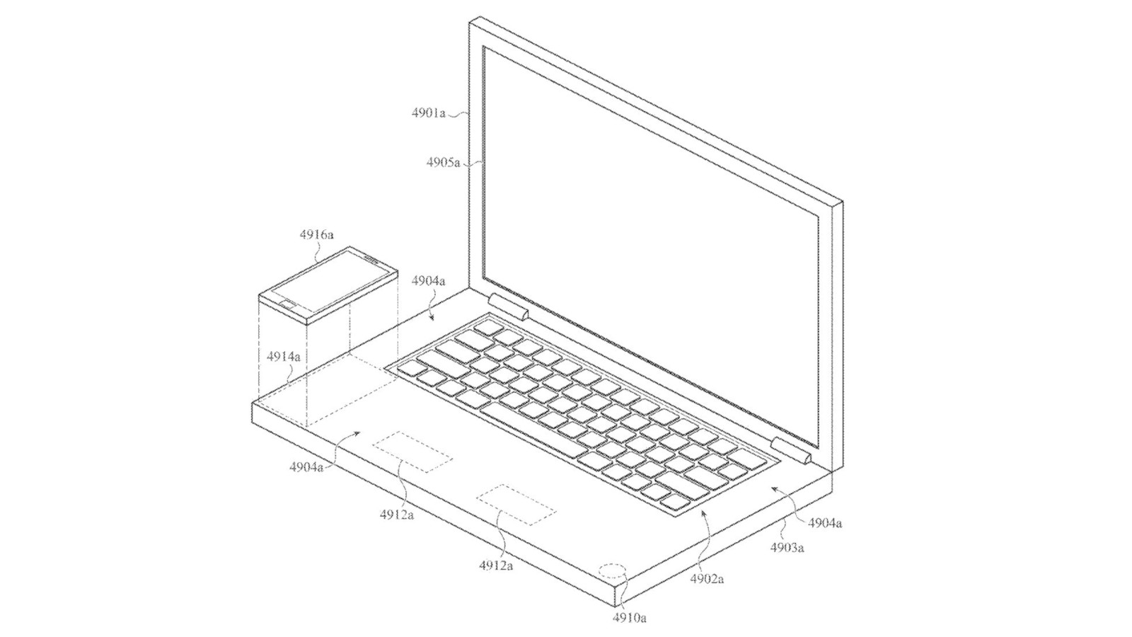 An Apple design patent showing a MacBook pro laptop illustration with a built-in wireless iPhone charger