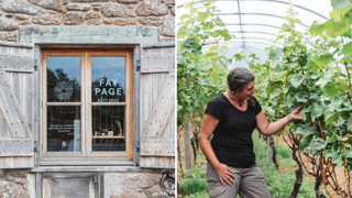 Composite image: Left hand shows the exterior of Fay Page Jewellery's studio in St Martin's, and next to it a picture of Holly at St Martin's Vineyard