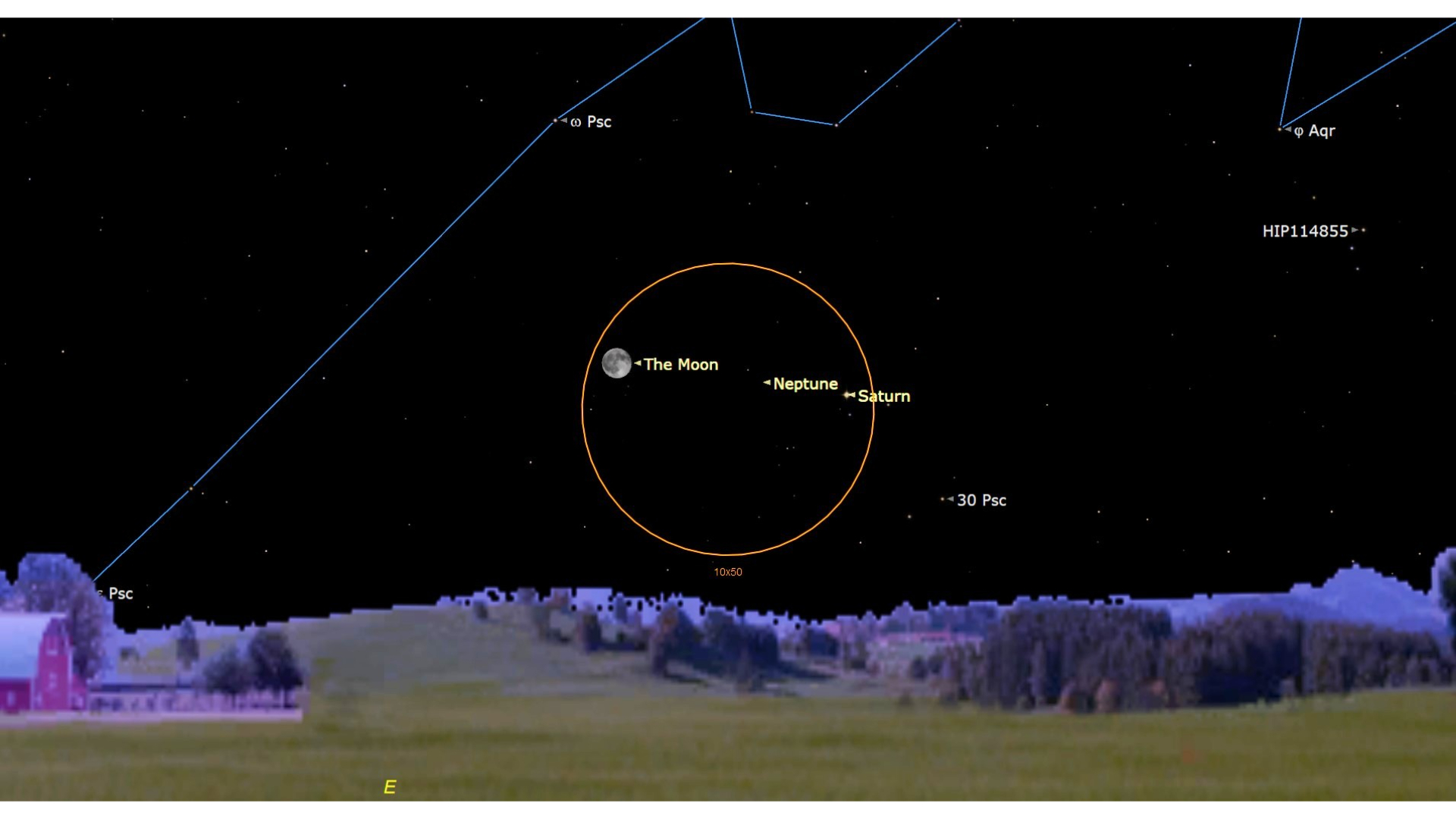 A detailed map of the night sky with an orange circle in the middle, surrounding a bright labeled moon with yellow text to the left of two labeled yellow dots which are Neptune and Saturn to the right, all over a rural field
