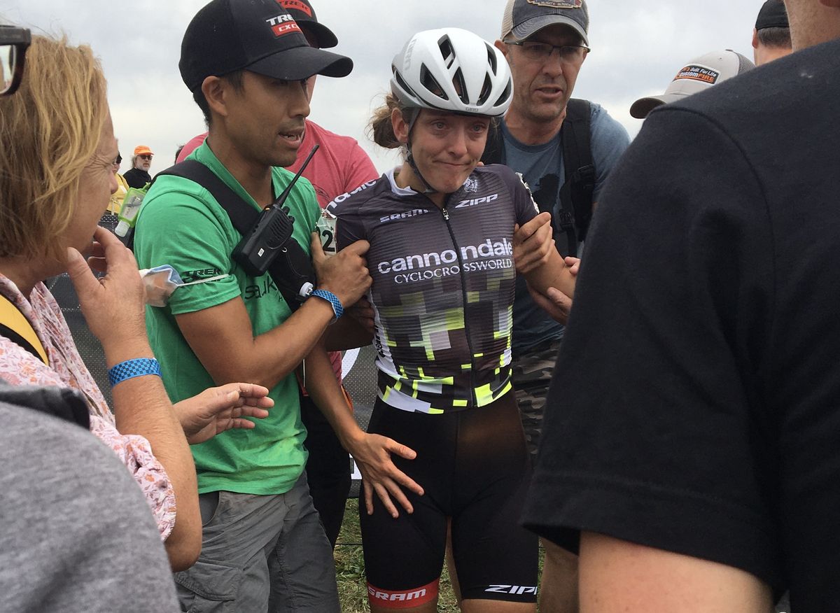 Katie Keough (Cannondale p/b Cyclocross.com) after crashing at the UCI Cyclo-cross World Cup Waterloo in 2021