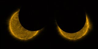 Two images from the European Space Agency's Proba-2 satellite show the moon partially covering the sun during a solar eclipse on Aug. 11. The satellite orbits Earth about 14.5 times per day and flew in and out of the moon's shadow twice during the eclipse.