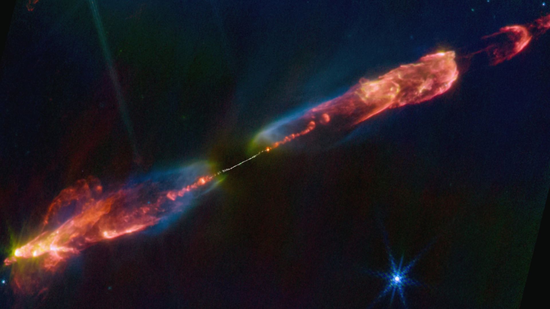 阿塔卡马大型毫米/亚毫米阵列和詹姆斯韦伯太空望远镜解决主要恒星形成秘密:本周的太空照片 Twin jets of multicolored energy shooting out of a star in both directions