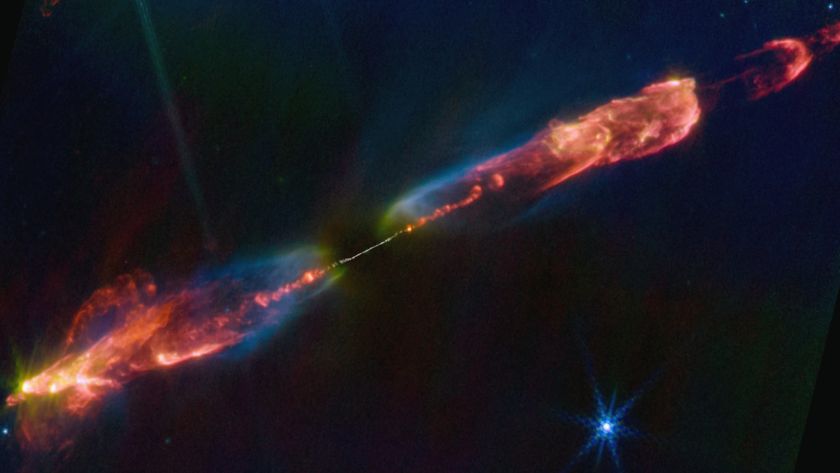 Twin jets of multicolored energy shooting out of a star in both directions 