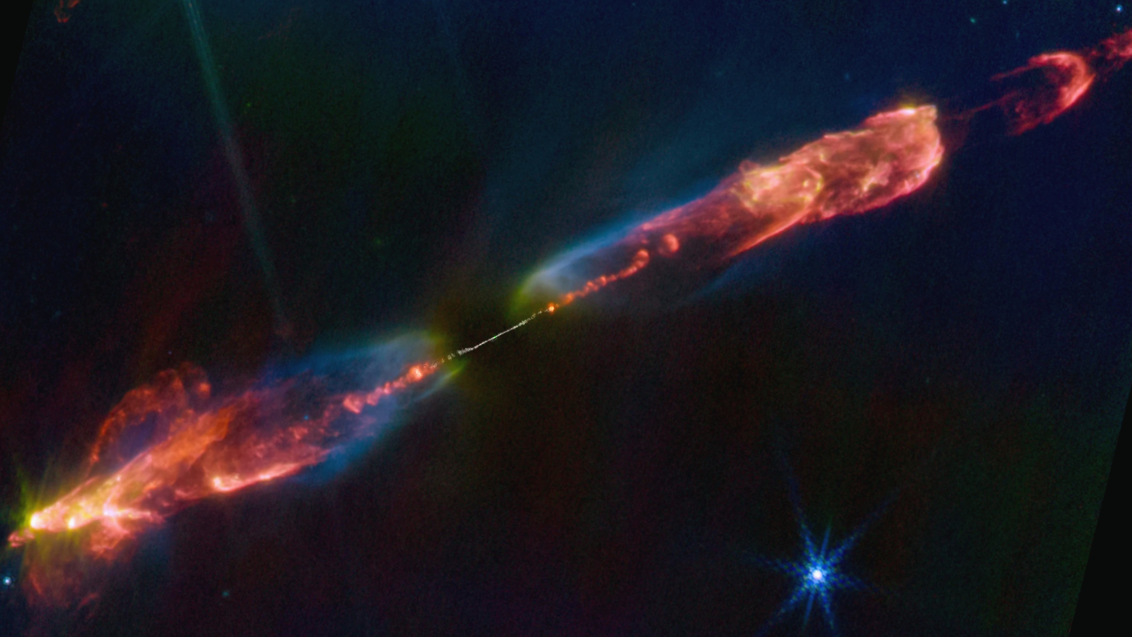 Twin jets of multicolored energy shooting out of a star in both directions 