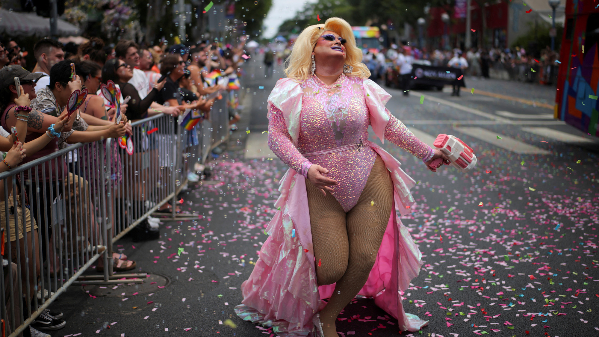 A person walks during a parade