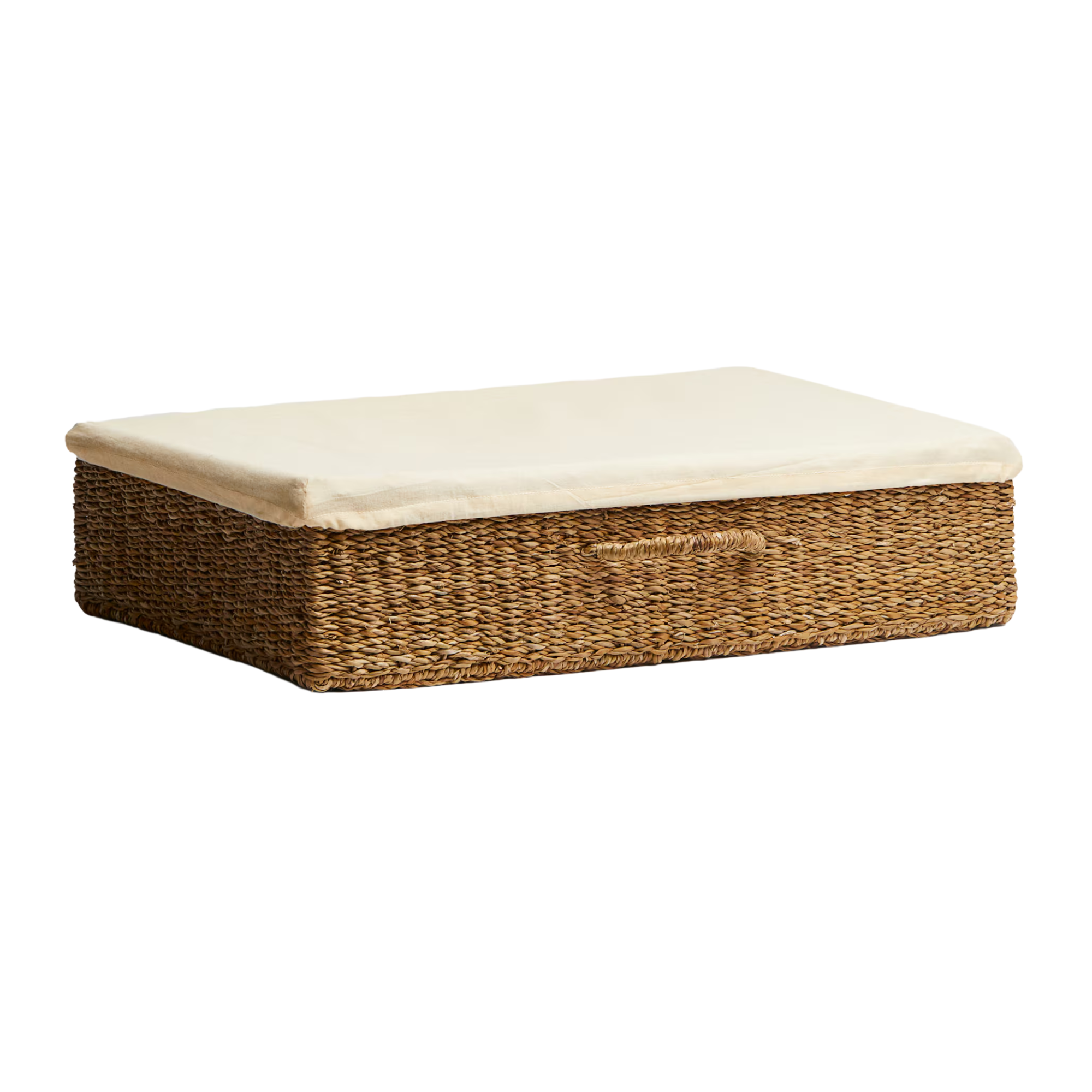 a woven underbed storage basket with a fabric lid