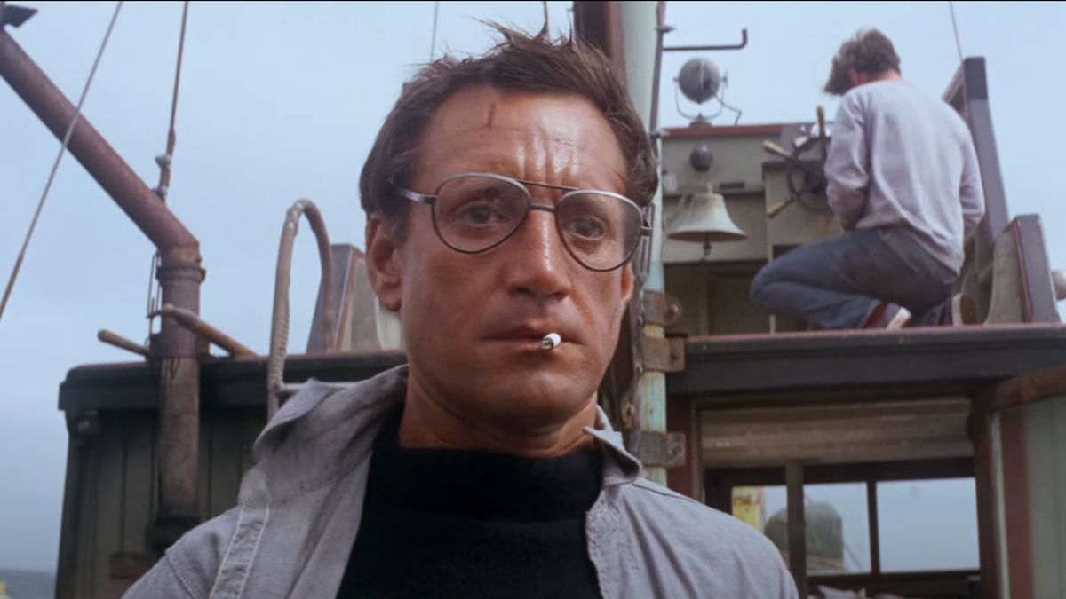 Roy Scheider stands stunned on the Orca&#039;s deck in Jaws.