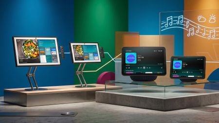 Amazon Echo Show devices on podiums