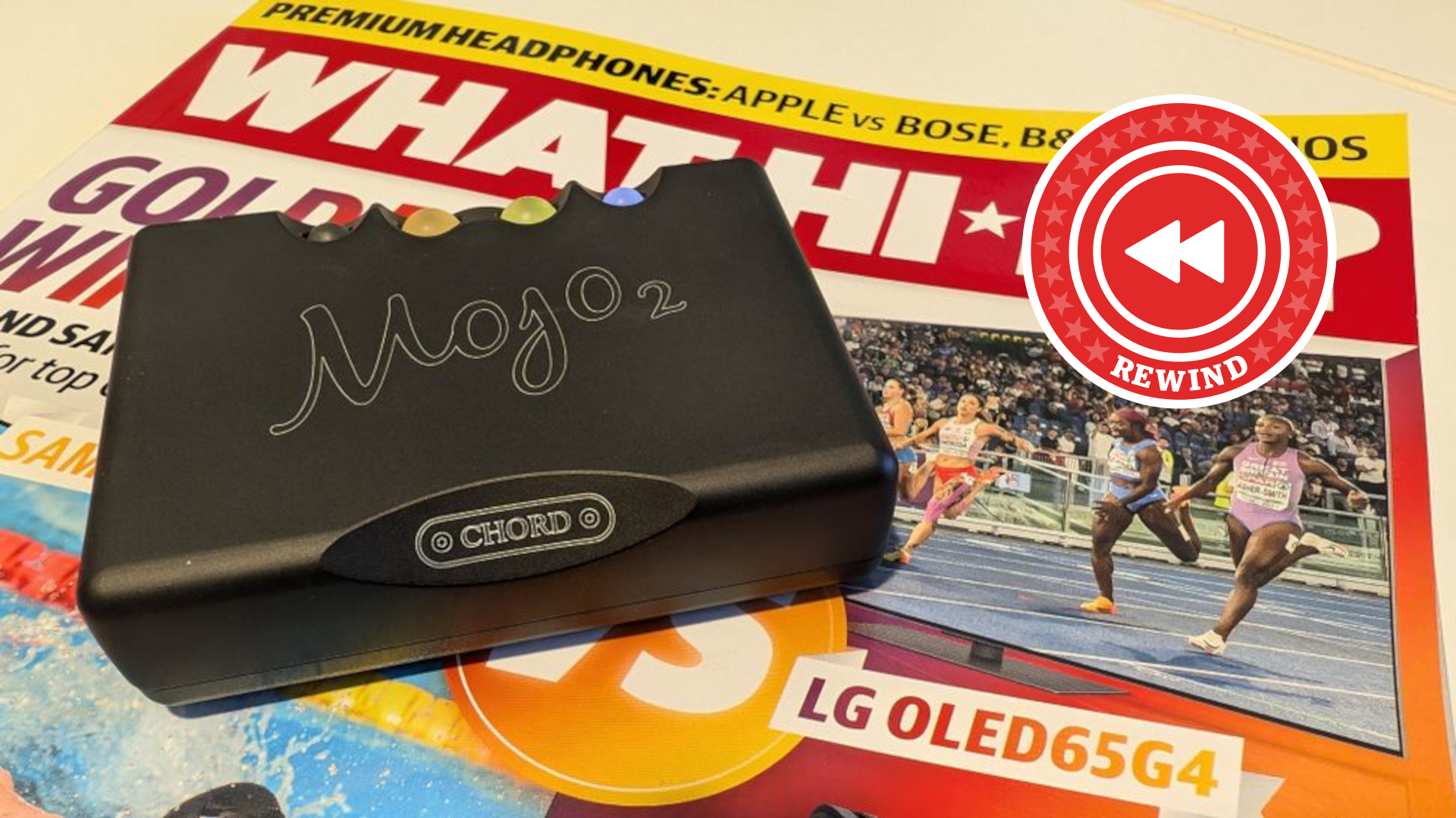 Chord Mojo 2 on table with Rewind logo