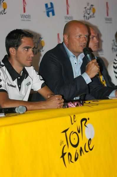 Saxo Bank Sungard manager Bjarne Riis answers a question at the press conference.