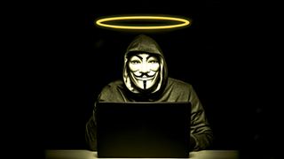 A hacker wearing an anonymous mask with a golden halo above their head