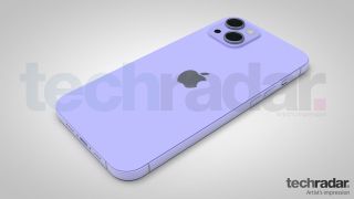 Taiteilijan näkemys iPhone 13:sta violettina.