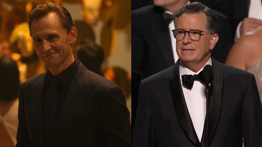 Tom Hiddleston smiles, looking dapper in an all black suit in the Night Manager Season 2, next to Stephen Colbert accepting an Emmy at the 2025 Emmy Awards.