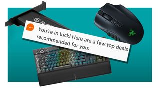 Three PC products on a green background with Amazon Rufus AI overlaid.