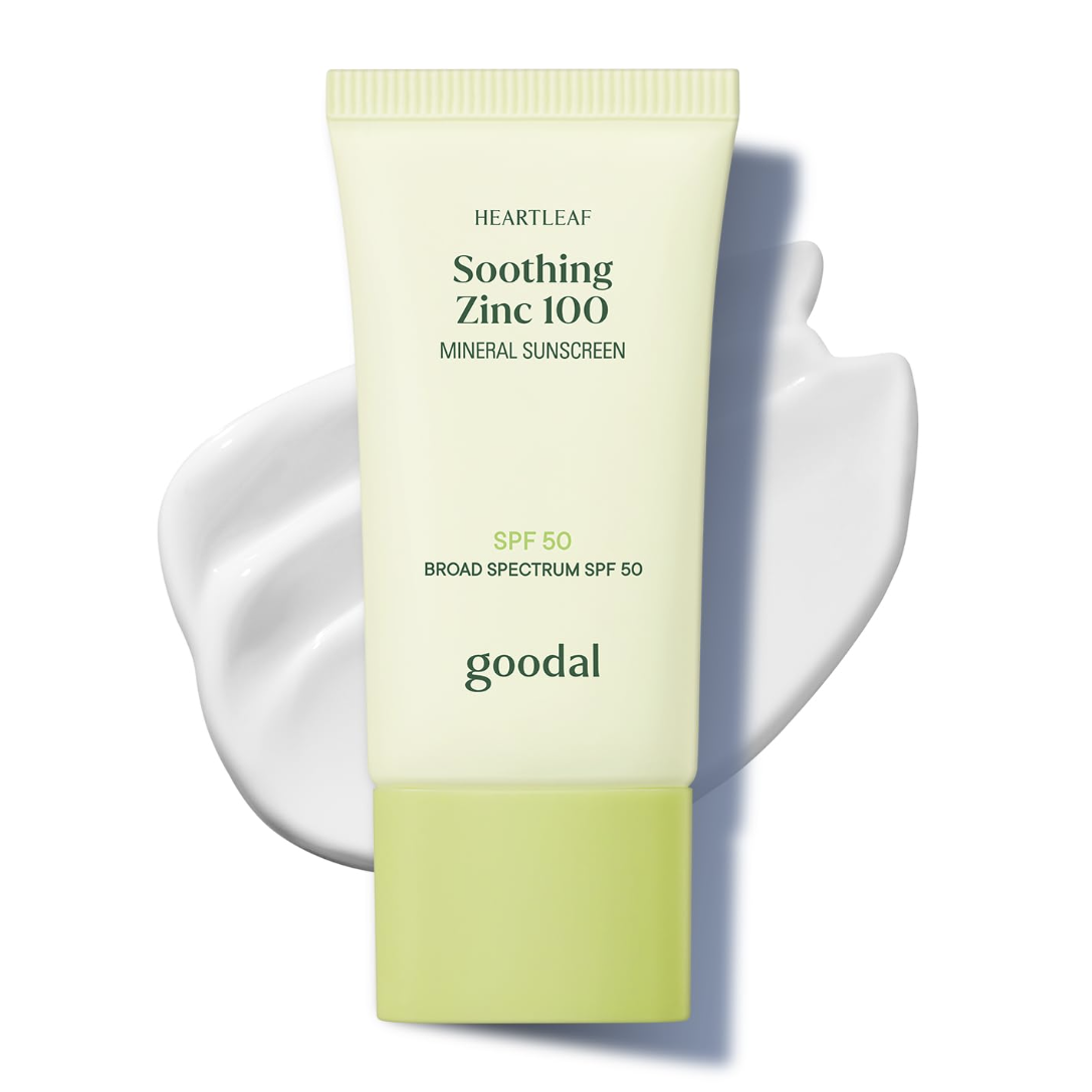 Goodal Heartleaf Soothing Zinc 100 Mineral Sunscreen Spf 50, Zinc Oxide Korean Face Sunscreen for Sensitive &amp;amp; Acne-Prone Skin, No White Cast, Reef-Friendly, Vegan, Korean Skincare, 1.69 Fl Oz