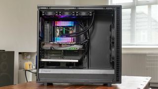 The Chillblast Fusion Threadripper Pro RTX 3975WX Workstation chassis open to show activated RGB lighting