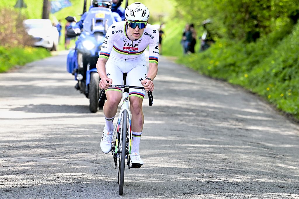 Slovenian Tadej Pogacar of UAE Team Emirates pictured in action during the men elite race of the Liege-Bastogne-Liege one day cycling event, 252km from Liege, over Bastogne to Liege, Sunday 27 April 2025. BELGA PHOTO MAARTEN STRAETEMANS (Photo by MAARTEN STRAETEMANS / BELGA MAG / Belga via AFP)