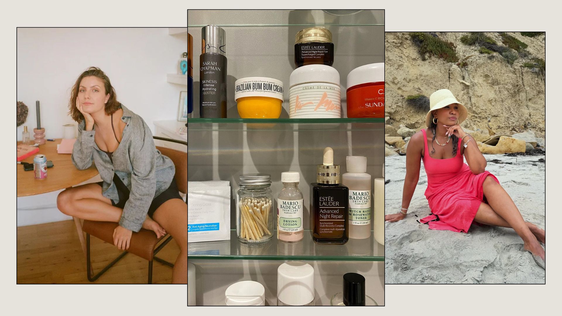 A collage showing two women and a beauty cupboard filled with moisturising products