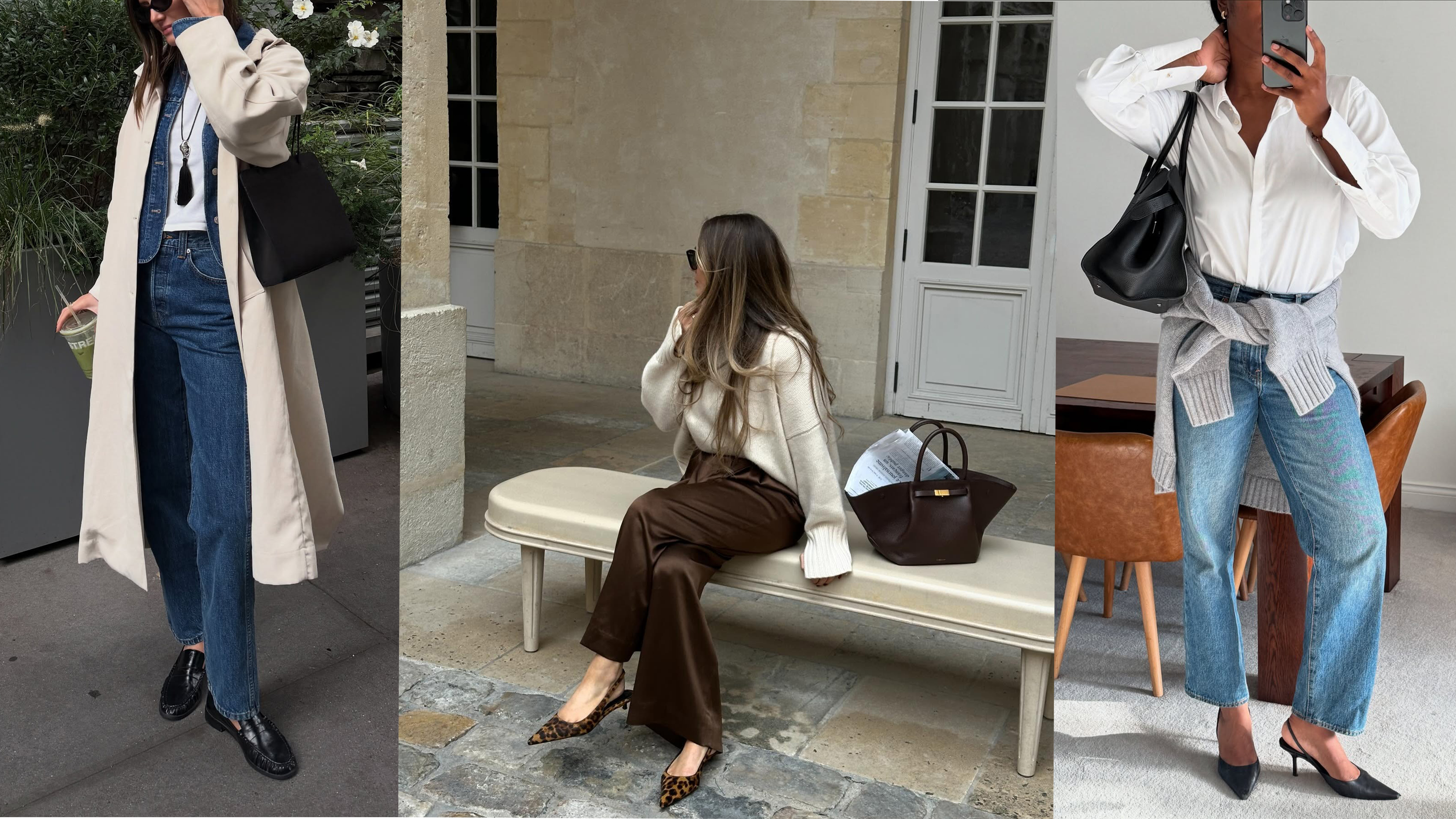 @cocoschiffer in loafers, jeans, and trench; @oliviafaeh in satin pants, a white turtleneck sweater, and leopard print slingback heels; @nlmarilyn in jeans and a white button-down. 