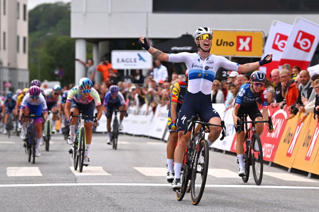 HALDEN NORWAY AUGUST 23 Lorena Wiebes of The Netherlands and Team SD Worx celebrates at finish line as stage winner during the 9th Tour of Scandinavia 2023 Battle Of The North Stage 1 a 1246km stage from Mysen to Halden UCIWWT on August 23 2023 in Halden Norway Photo by Luc ClaessenGetty Images