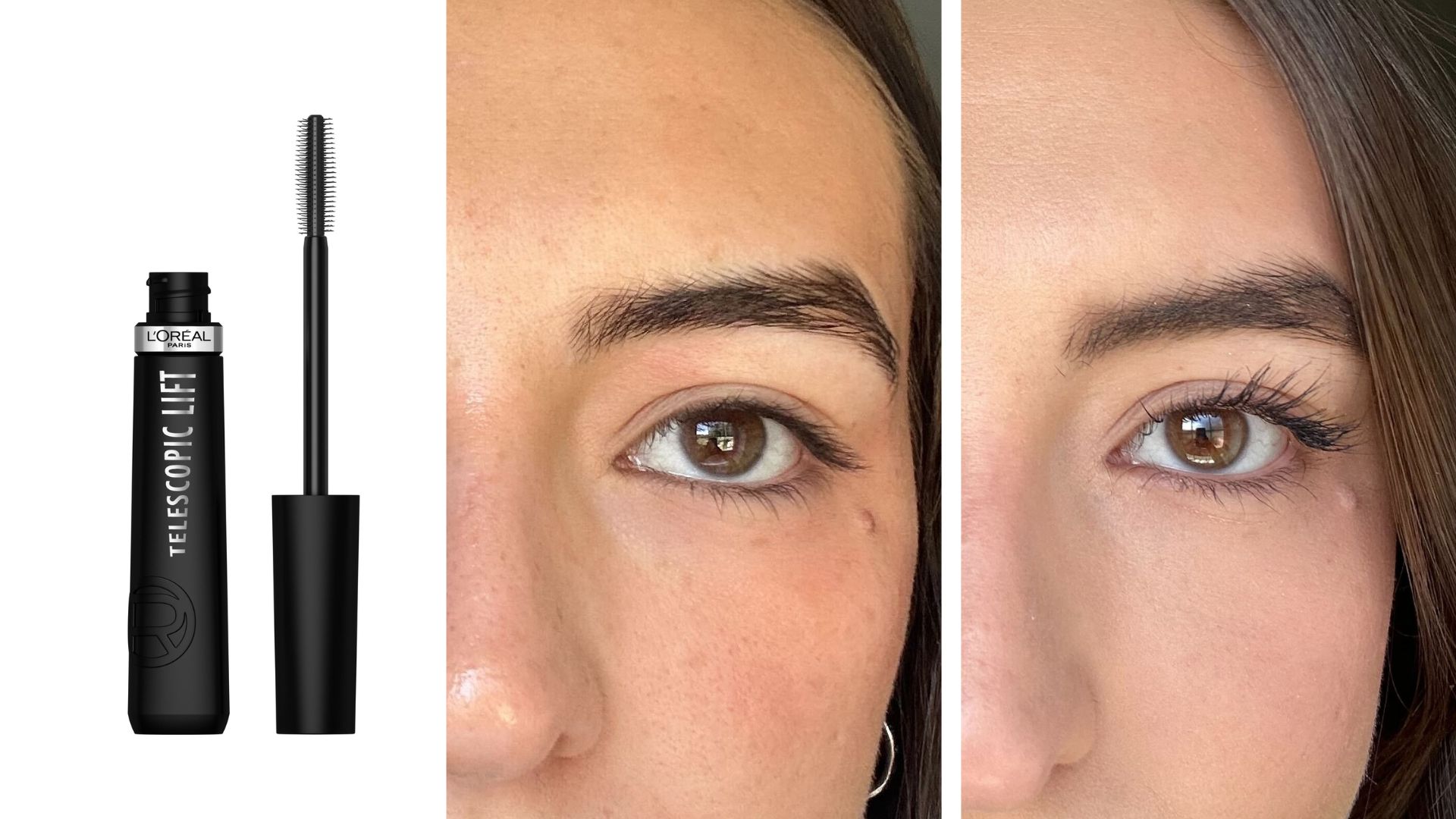 Sennen Prickett&#039;s lashes before and after wearing L&#039;Ore&amp;#769;al Paris Telescopic Lift Mascara, next to a product shot