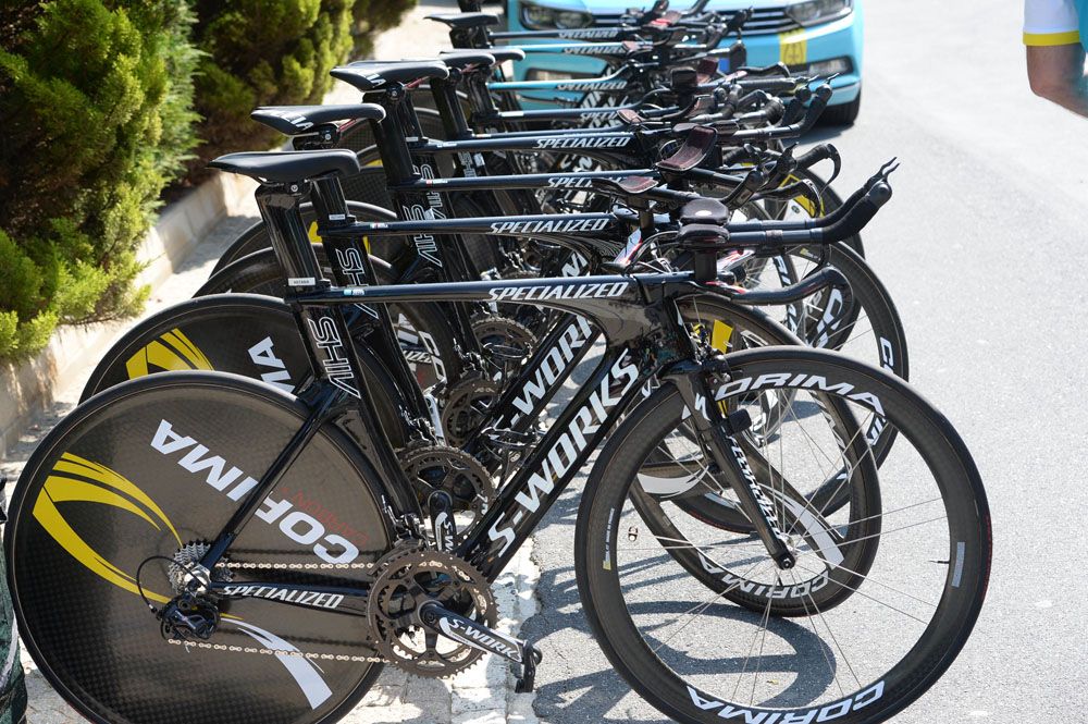 Astana's time trial bikes lined up and ready for action on Saturday