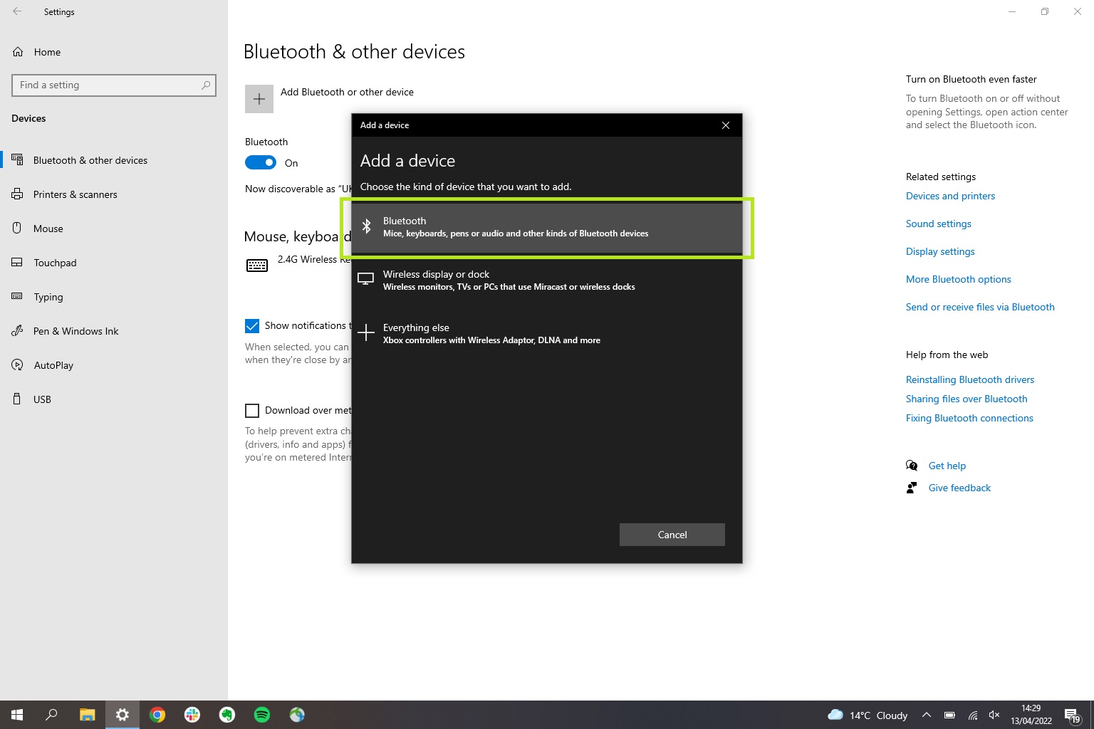 AirPod'ların PC'ye nasıl bağlanacağını gösteren Windows 10 Bluetooth menüsünü gösteren bir ekran görüntüsü
