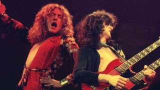 Led Zeppelin’s Robert Plant and Jimmy Page onstage in 1975