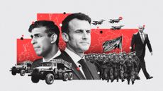 Photo composite of Emmanuel Macron, Rishi Sunak, German troops, artillery vehicles and a map of Europe alongside Vladimir Putin