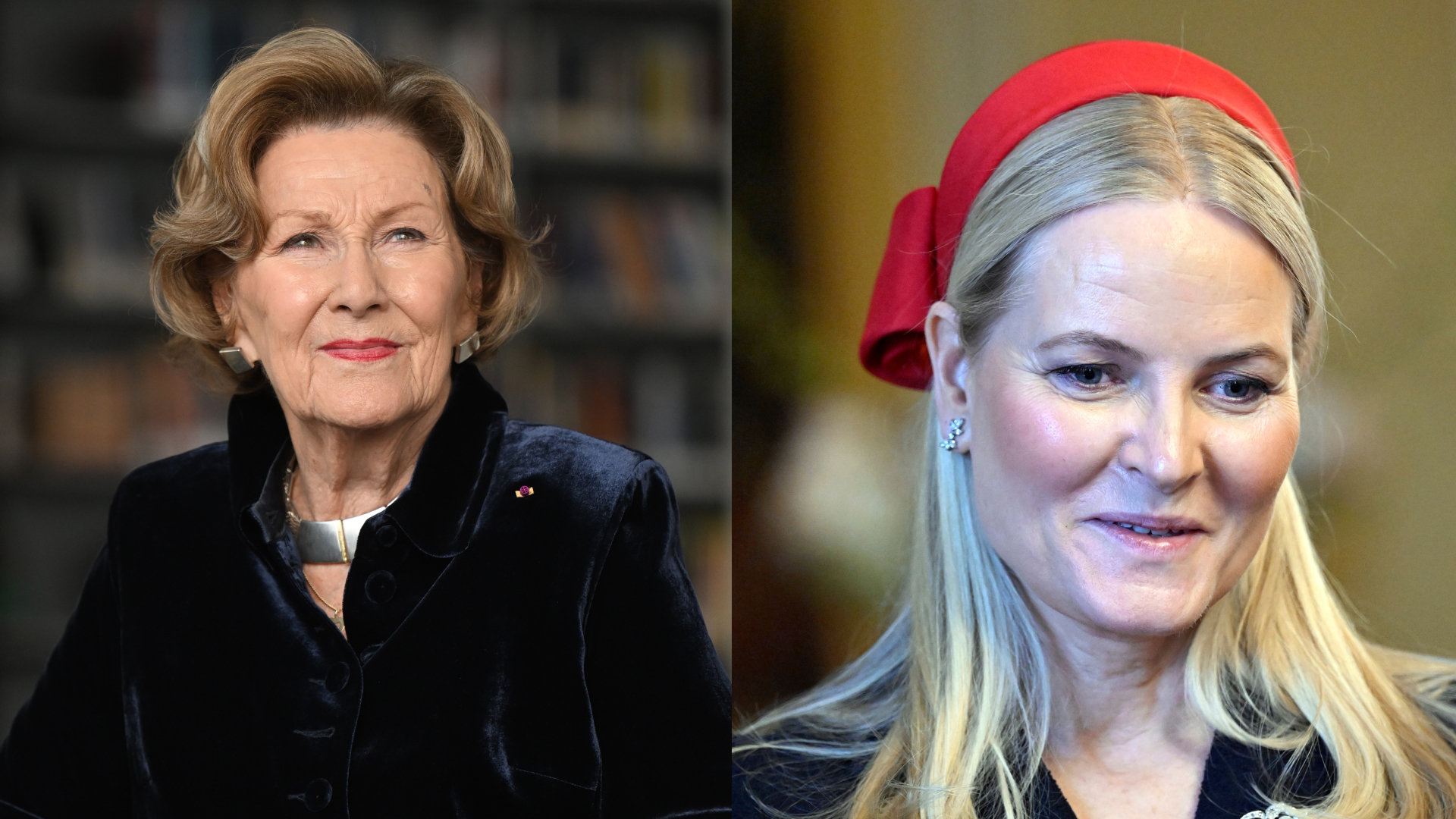 A split image featuring a headshot of Queen Sonja in a navy jacket and Crown Princess Mette-Marit in a red hat