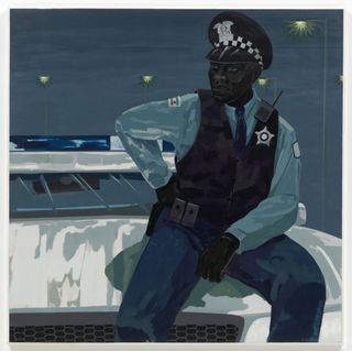 A painting on an African policeman sitting on the bonnet of a police car.
