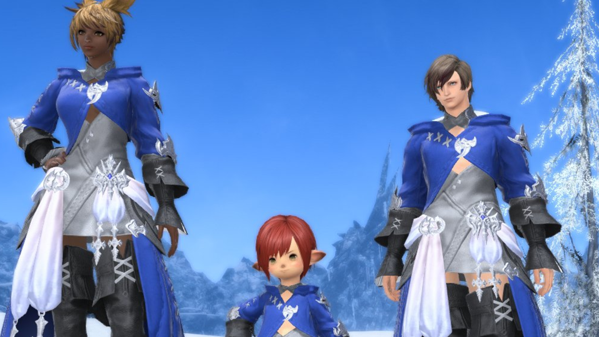 An image of three adventurers in Ysale&#039;s outfit amidst a frostbitten landscape under a clear blue sky.