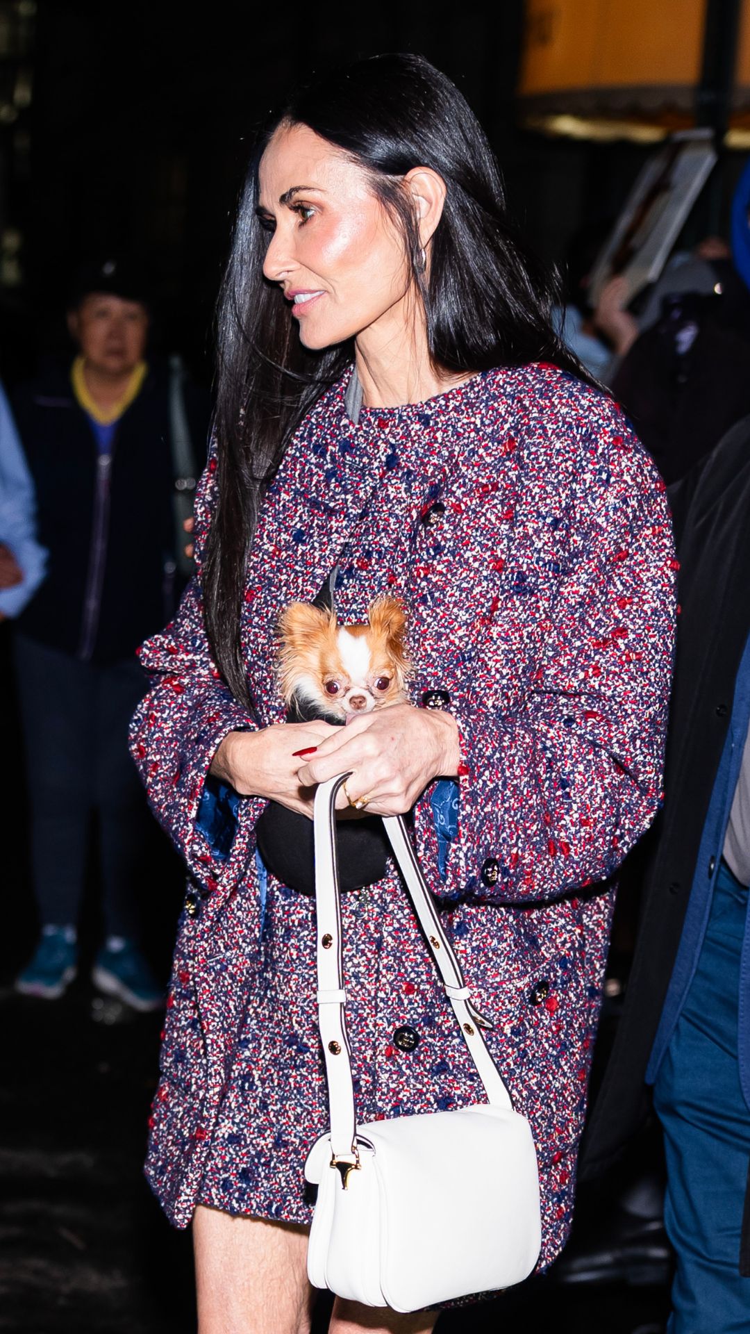 Demi Moore wearing tweed Gucci co-ord in New York on November 09, 2025
