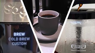 Brew settings on drip coffee maker, cup of black coffee, and coffee dripping into carafe