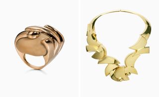 Abstract designed ring on left, thick necklace on right