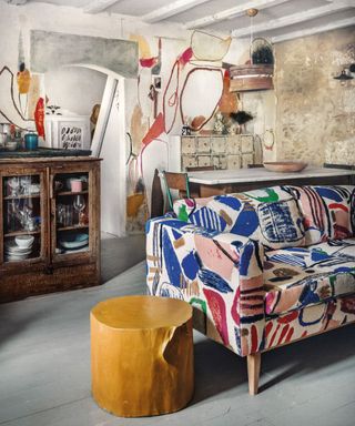 Living room by artist Heather Chontos with pattern sofa