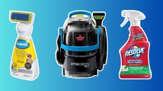 A trio of the best upholstery cleaners including Carbona Oxy-Powered Pet Stain & Odor Remover, Bissell machine and Resolve Upholstery Solution