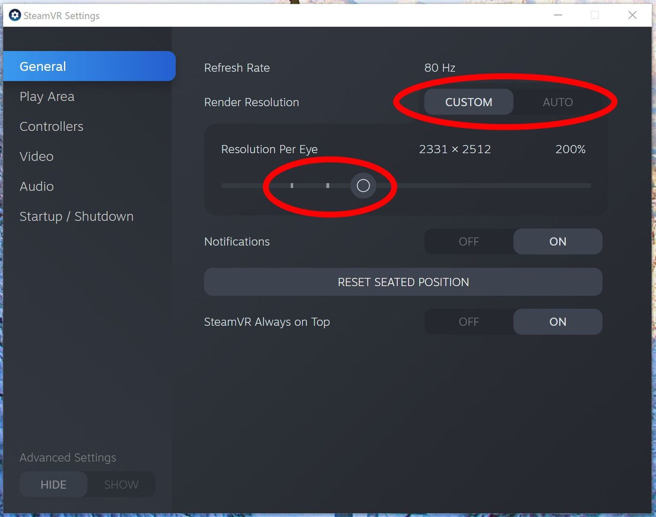 SteamVR resolution settings