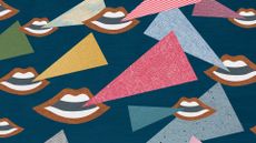 A drawing of many mouths open against a blue backgroud, with differently colored and patterned speech bubbles coming out to represent AI confusion.