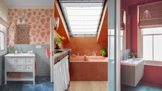 collage of three red bathrooms 