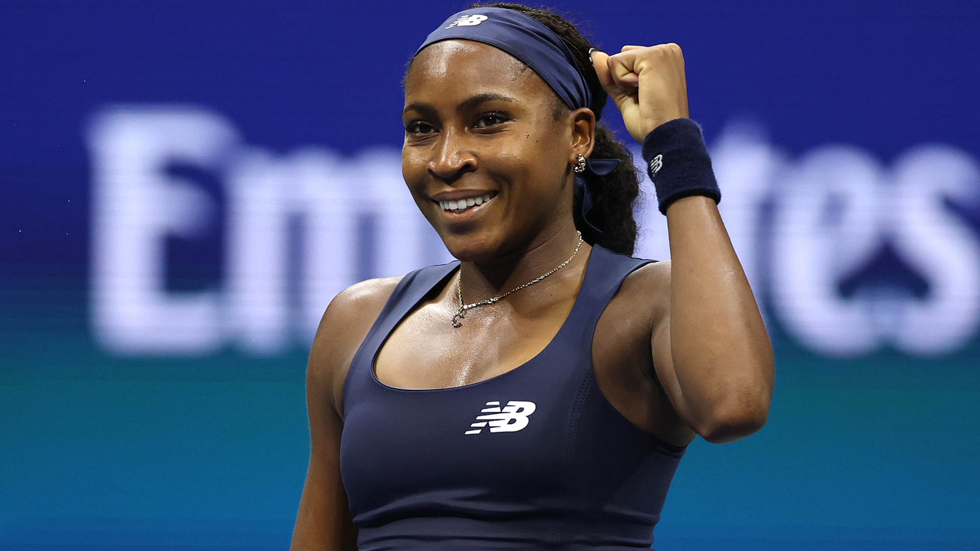 Coco Gauff's custom New Balance outfit at the 2026 US Open featured the navy blue and butter yellow color combination 