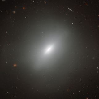 The elliptical galaxy NGC 3610 is surrounded by a host of other galaxies of varying shapes.