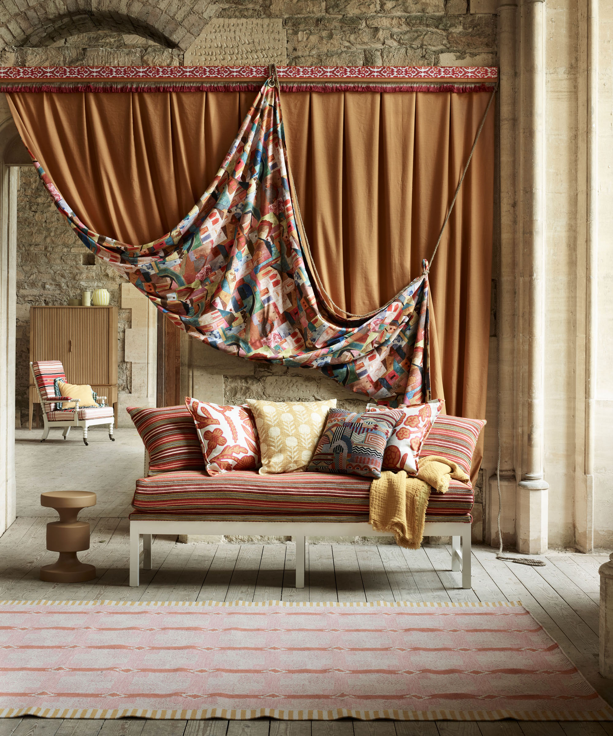 living room with warm tones and textiles inspired by South American influences