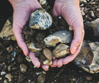 cupped hands holding rocks, earth and stones