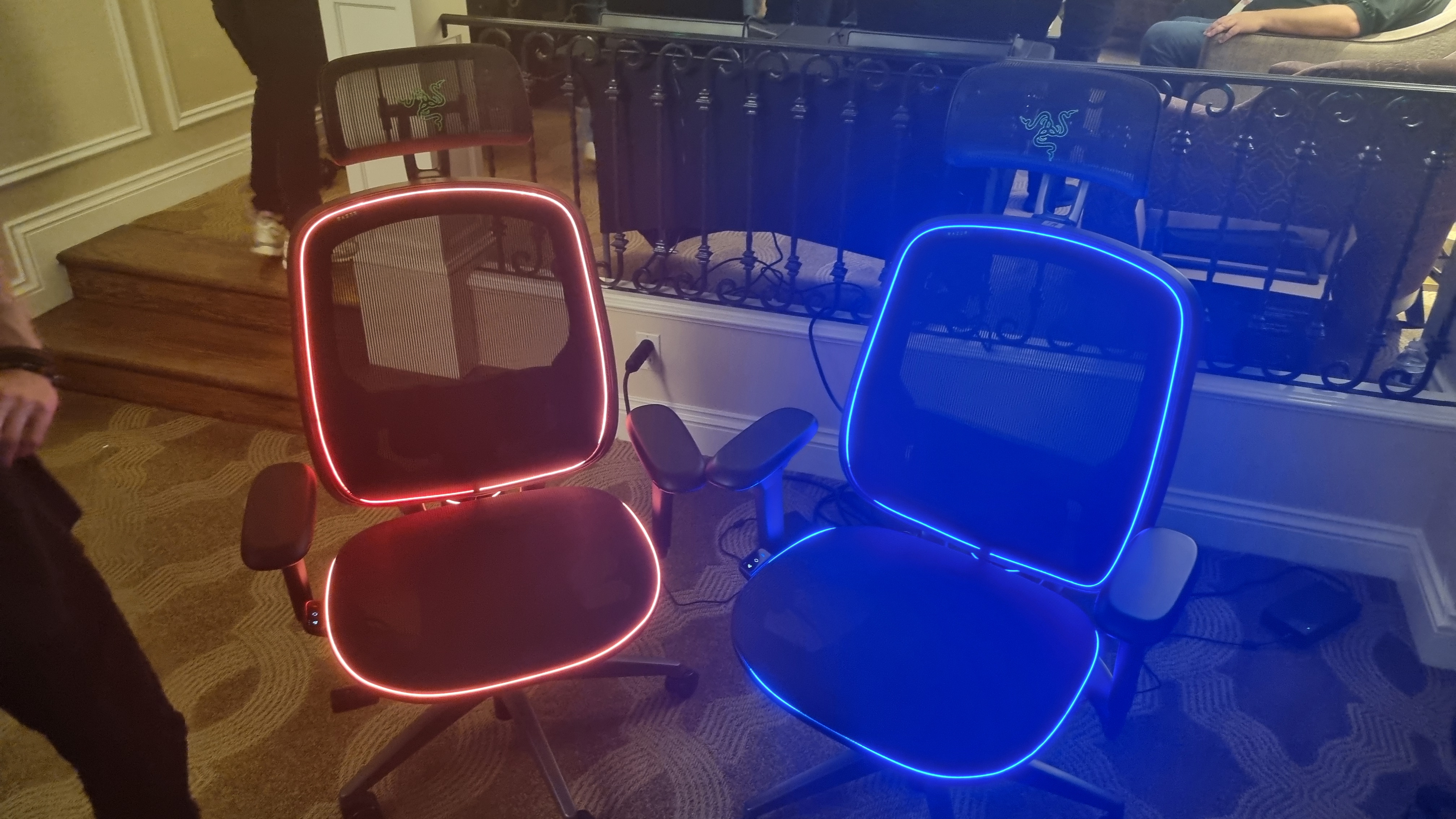 The Razer Project Arielle gaming chair, lit up in either red or blue.